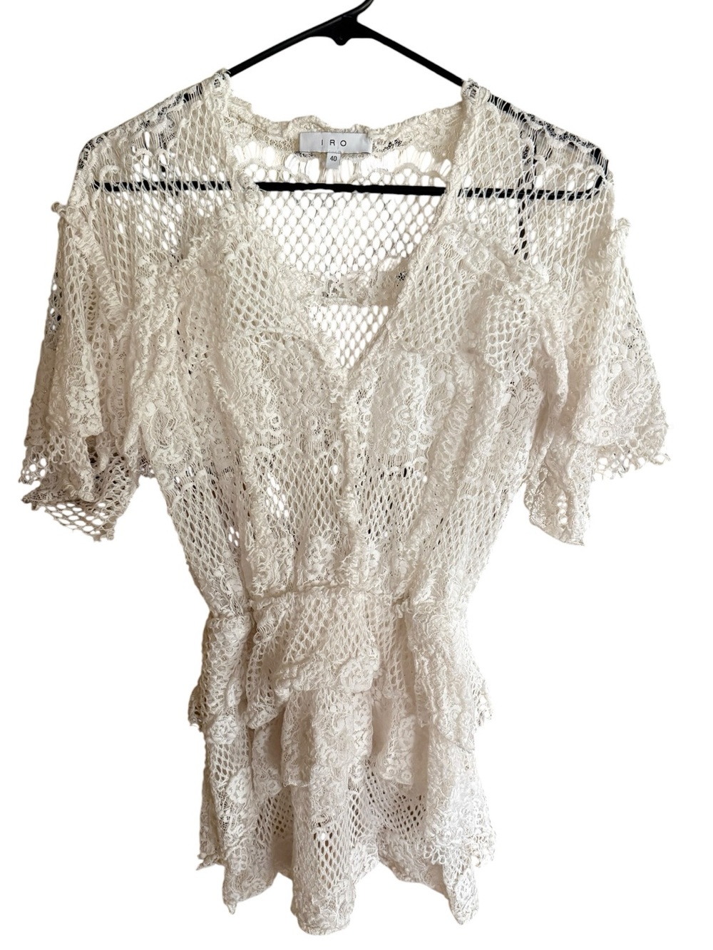 IRO Paris Women’s White Crochet Lace V-Neck Sheer Mini Dress / Beach Cover Up